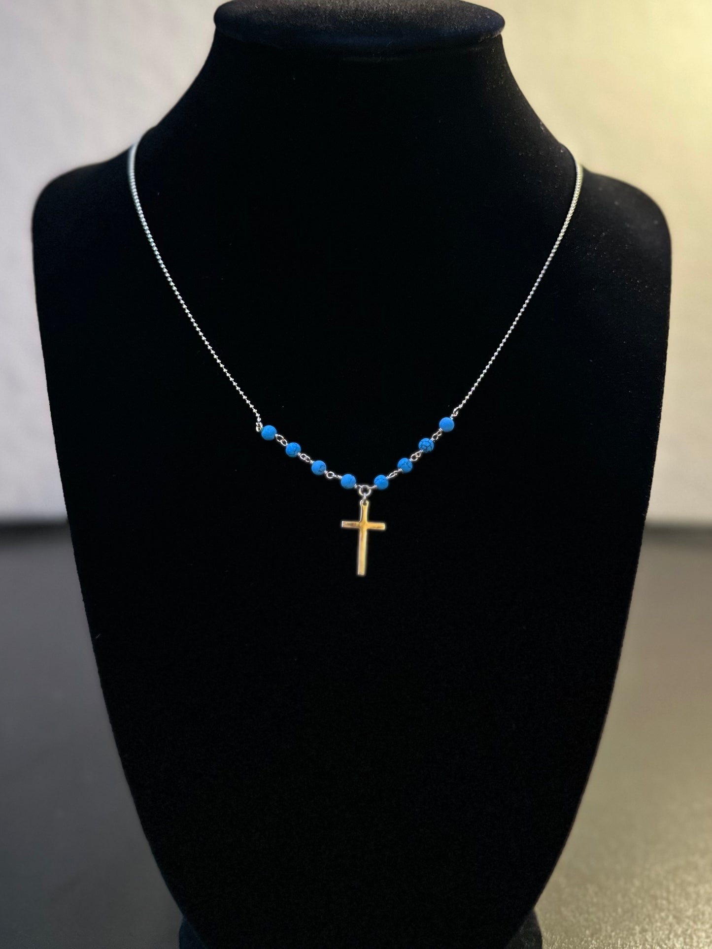 Sterling Silver Gold Plated Cross Necklace with Turquoise Beads