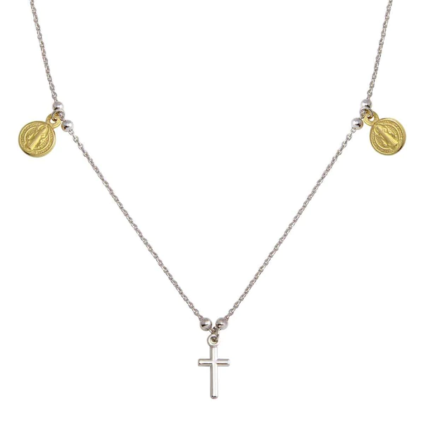 Sterling Silver Gold Plated Cross Necklace With Saint Benedict Medals