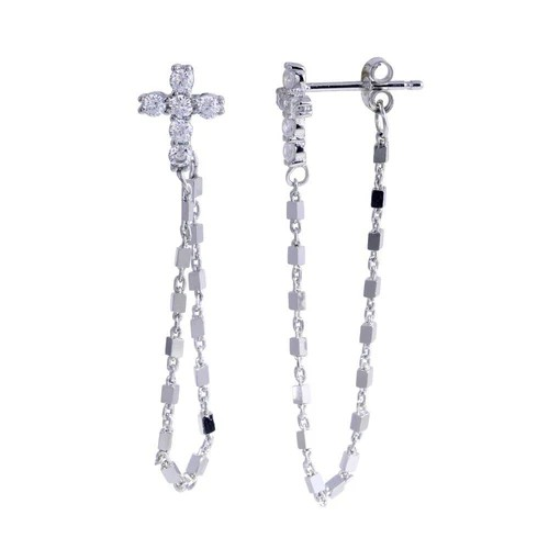 CZ Cross Studs with Dangle Chain Detail