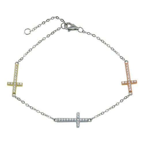 Multi-Tone Cross Charm Bracelet with Sparkling CZ Accents