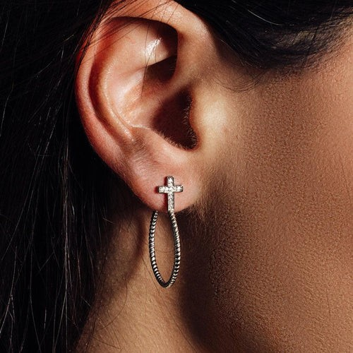 Semi Hoop Earrings with Sparkling Cross Detail