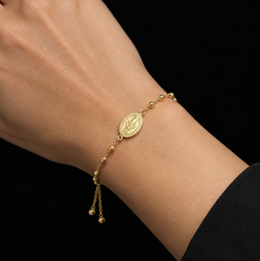 Gold-Tone Beaded Bracelet Featuring Virgen de Guadalupe Charm