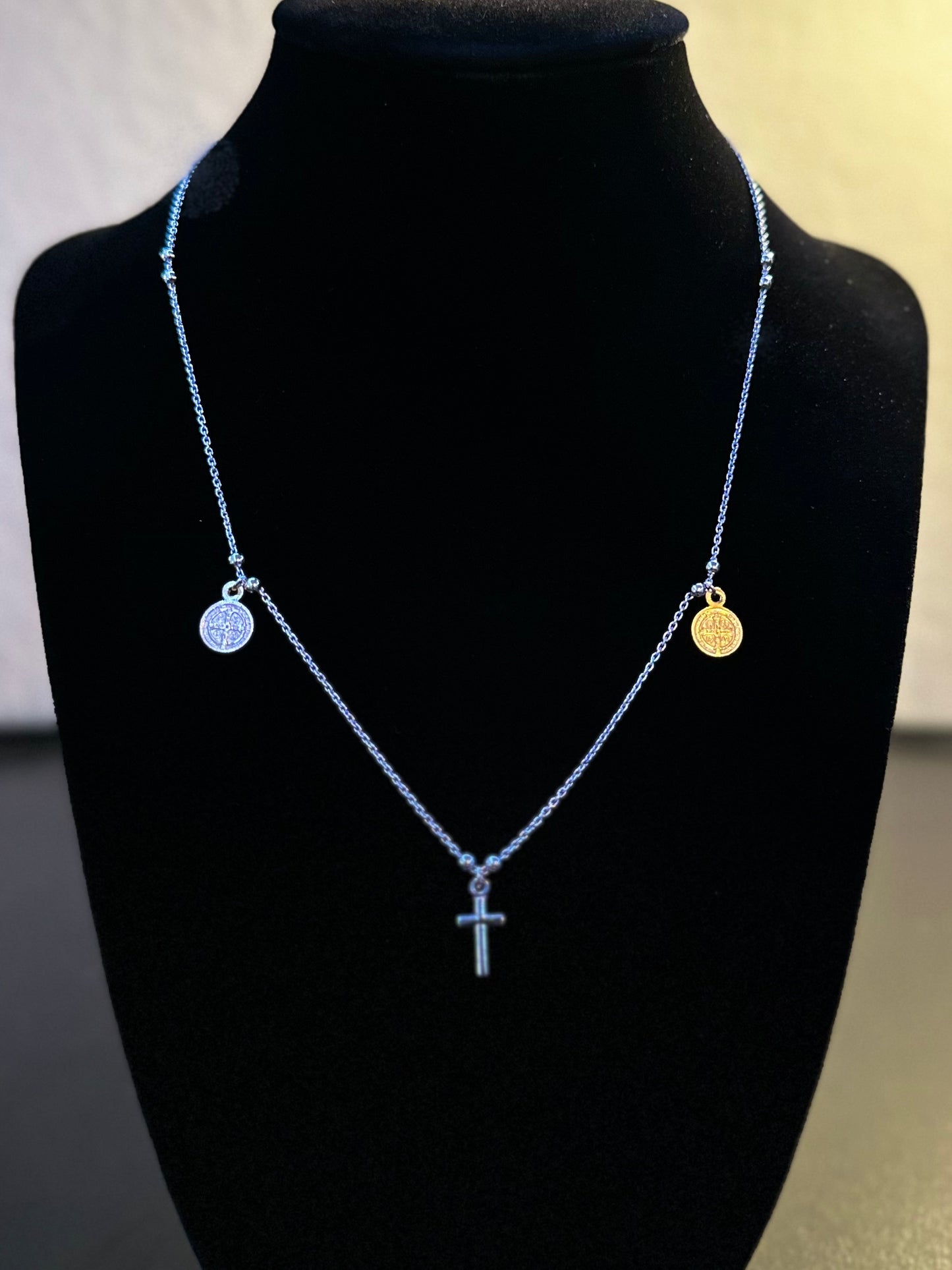 Sterling Silver Gold Plated Cross Necklace With Saint Benedict Medals