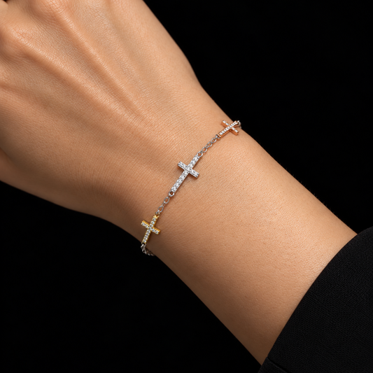 Multi-Tone Cross Charm Bracelet with Sparkling CZ Accents