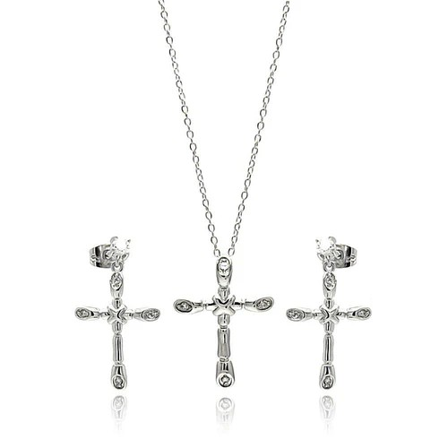 Dainty Bone Cross Necklace & Earrings Set with CZ Accents