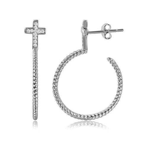 Semi Hoop Earrings with Sparkling Cross Detail