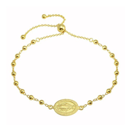 Gold-Tone Beaded Bracelet Featuring Virgen de Guadalupe Charm